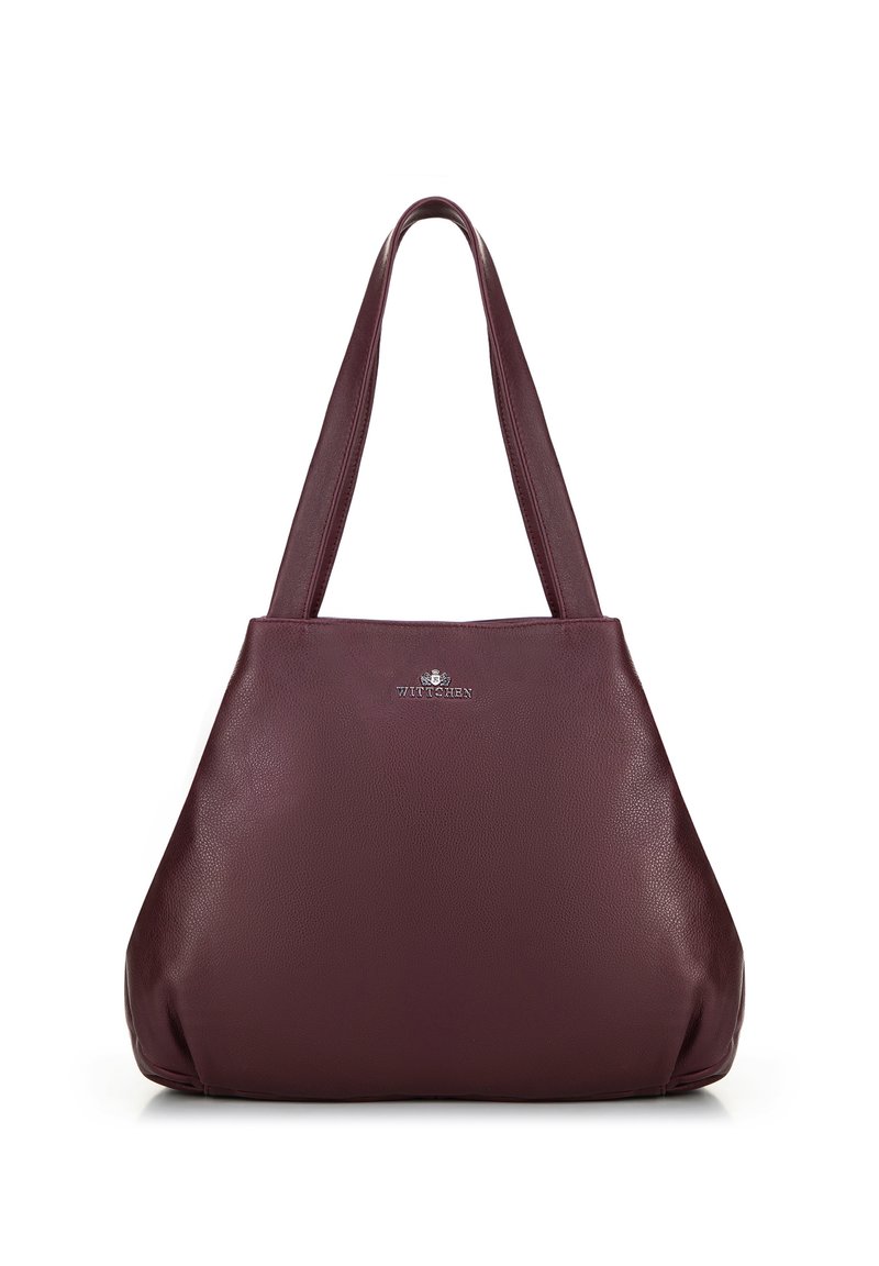 Borsa a tracolla in pelle bordeaux con due manici lunghi, texture morbida e forma strutturata. Presenta un piccolo logo argentato sul davanti.