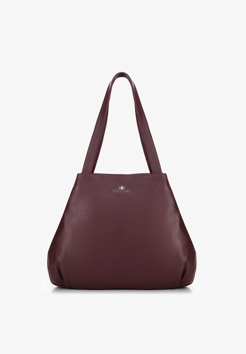Borsa a tracolla in pelle bordeaux con due manici lunghi, texture morbida e forma strutturata. Presenta un piccolo logo argentato sul davanti.