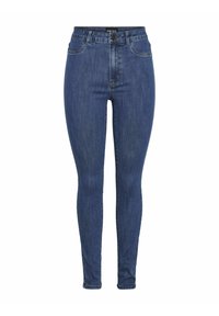 Λεπτά τζιν σε σκούρο μπλε τζιν, με ψηλή μέση, σχέδιο πέντε τσεπών, διακριτική ραφή, λείο υφή και κλείσιμο με κουμπί.