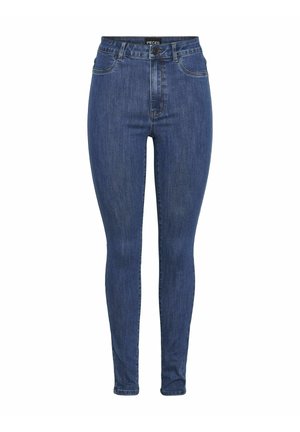 Λεπτά τζιν σε σκούρο μπλε τζιν, με ψηλή μέση, σχέδιο πέντε τσεπών, διακριτική ραφή, λείο υφή και κλείσιμο με κουμπί.