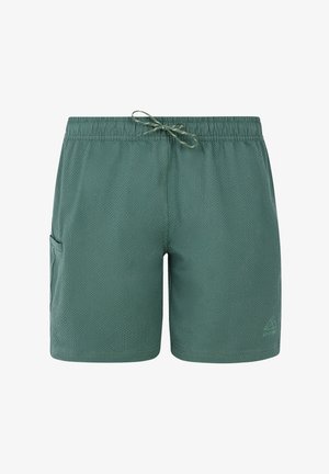 Groene gestructureerde zwembroek met een elastische tailleband en koord, voorzien van een zijzak en een klein logo op de zoom.