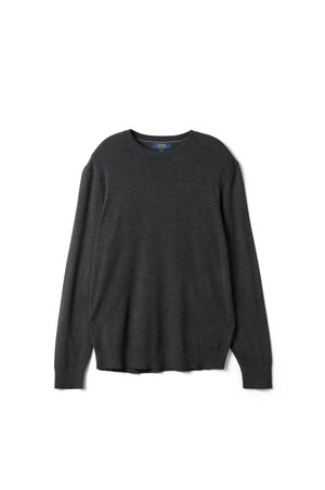 Dunkelgrauer Pullover mit Rundhalsausschnitt und langen Ärmeln aus weichem Stoff, flach auf weißem Hintergrund gezeigt.