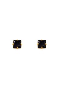 Zwarte vierkante stud oorbellen met gouden hardware, voorzien van een gepolijste afwerking en klauwinstellingen om de stenen te beveiligen.