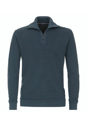 Dunkelblauer Pullover aus strukturiertem Strickstoff, mit einem Halbzip-Kragen und langen Ärmeln, sowie gerippten Bündchen und Saum.