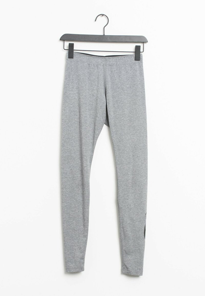 Gray leggings made from a stretchy fabric, featuring a fitted design with an elastic waistband and a subtle black accent detail on the side.