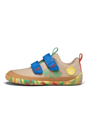 Beige children's shoe with blue double straps, green plant design, yellow brand patch, multicolor sole, and green and red pull tabs.