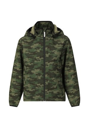 Veste zippée camouflage verte et marron avec capuche et poignets élastiques, vue de face sur fond blanc.