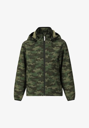 Grøn og brun camouflage jakke med lynlås, hætte og elastiske manchetter, vist forfra på hvid baggrund.