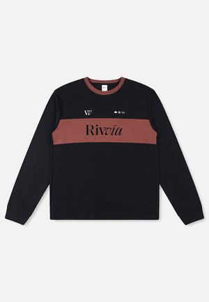 Svart langermet sweatshirt med burgunder horisontal stripe, "Rivïa"-logo og grafiske detaljer på øvre venstre side. Bomullsmateriale, rund hals.