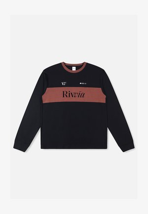 Svart langermet sweatshirt med burgunder horisontal stripe, "Rivïa"-logo og grafiske detaljer på øvre venstre side. Bomullsmateriale, rund hals.