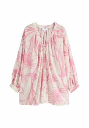 Blouse ample à manches longues avec imprimé botanique rose sur fond blanc, devant boutonné et poignets froncés.