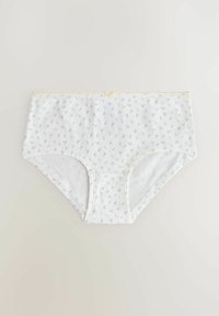 Chiloți din bumbac de culoare albă, cu un model floral delicat în nuanțe de albastru, având un elastic de culoare galben deschis și o mică fundiță decorativă în față.
