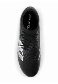 Black athletic shoe with a textured surface, white graphic accents, mesh areas, and black laces. Designed for performance and agility.