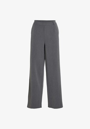 Pantalones de pierna ancha gris, hechos de una tela texturizada, con una parte delantera plana, cinturilla elástica y sin bolsillos visibles.