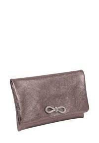 Metallic rose-gold clutch with textured surface, fold-over flap, and a decorative infinity symbol accent in rhinestones. Smooth finish.