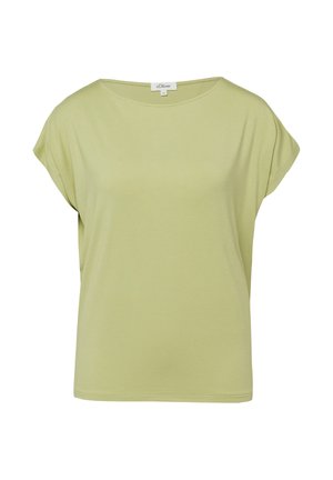 Heleroheline lühikeste varrukatega lahtise lõikega puuvillane T-särk, millel on lai ümmargune kaelus ja s.Oliveri kaubamärgi silt krae tagaküljel sisemisel pool.