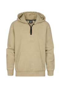 Sweat à capuche beige en tissu doux, avec une demi-fermeture éclair, une poche kangourou et des poignets côtelés. La texture semble légèrement usée.