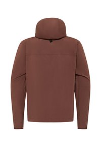 Bruine hooded jack gemaakt van lichtgewicht stof. Kenmerkt zich door een eenvoudig ontwerp, lange mouwen en een schone achterkant zonder zichtbare hardware of accenten.