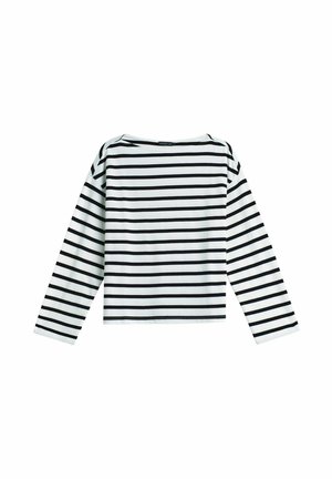 Top met lange mouwen en een brede hals, gemaakt van zachte stof, met horizontale zwarte en witte strepen, een rechte zoom en minimale details.