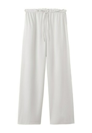 Pantalones blancos holgados de lino con cintura elástica y cordón ajustable, diseño de pierna recta para uso casual.