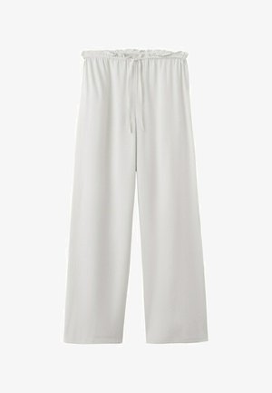 Pantaloni larghi in lino bianco con cinturino elastico in vita e coulisse, design a gamba dritta per un abbigliamento casual.