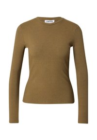 Olijfgroene langemouwen ribbeltop met een ronde hals, aansluitende pasvorm en zachte textuur. Het label zegt "EDITED."