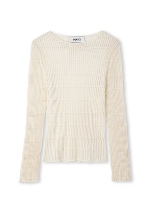 Long-sleeve cream textured top with a ribbed design, featuring horizontal stripes and a wide crew neckline. Crafted from soft knit material.