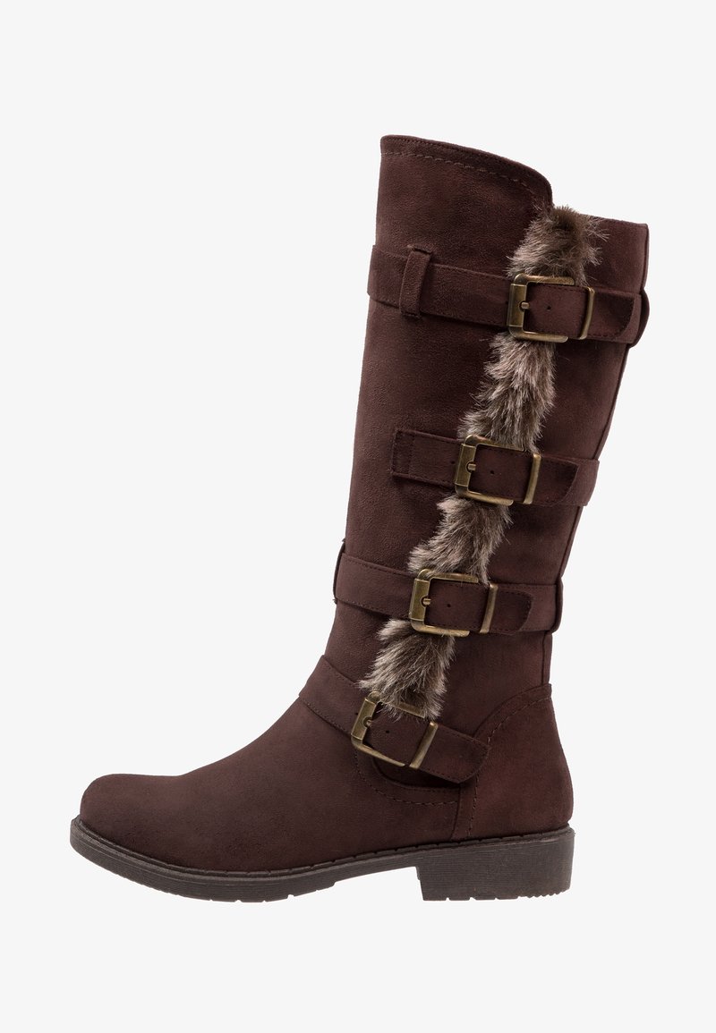 Dark brown knee-high boot with four brass buckles and vertical faux fur trim on the outer side, flat sole and rounded toe.