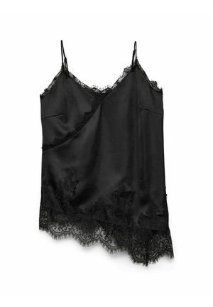 Camisole en satin noir avec bordure en dentelle le long de l'encolure et de l'ourlet, présentant un léger design asymétrique et des bretelles fines réglables.