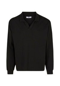 Black long-sleeve polo shirt with a V-neck, made from smooth fabric. Features structured shoulders and fitted cuffs, no additional patterns or accents.