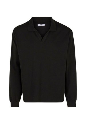 Schwarzes langärmliges Poloshirt mit V-Ausschnitt, aus glattem Stoff gefertigt. Verfügt über strukturierte Schultern und enganliegende Bündchen, ohne zusätzliche Muster oder Akzente.