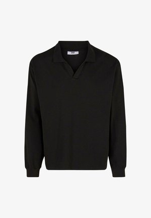Schwarzes langärmliges Poloshirt mit V-Ausschnitt, aus glattem Stoff gefertigt. Verfügt über strukturierte Schultern und enganliegende Bündchen, ohne zusätzliche Muster oder Akzente.