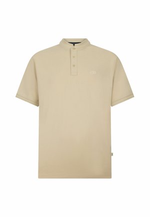 Bézs rövid ujjú galléros póló három gombos plakkal és egy kis hímzett logóval a bal mellrészen.