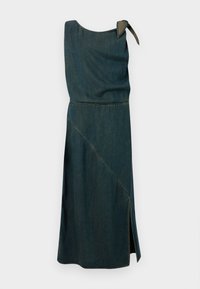 Denim dress in dark blue with a sleeveless design, asymmetric hem, and a tied shoulder detail. Features a cinched waist and side slit.