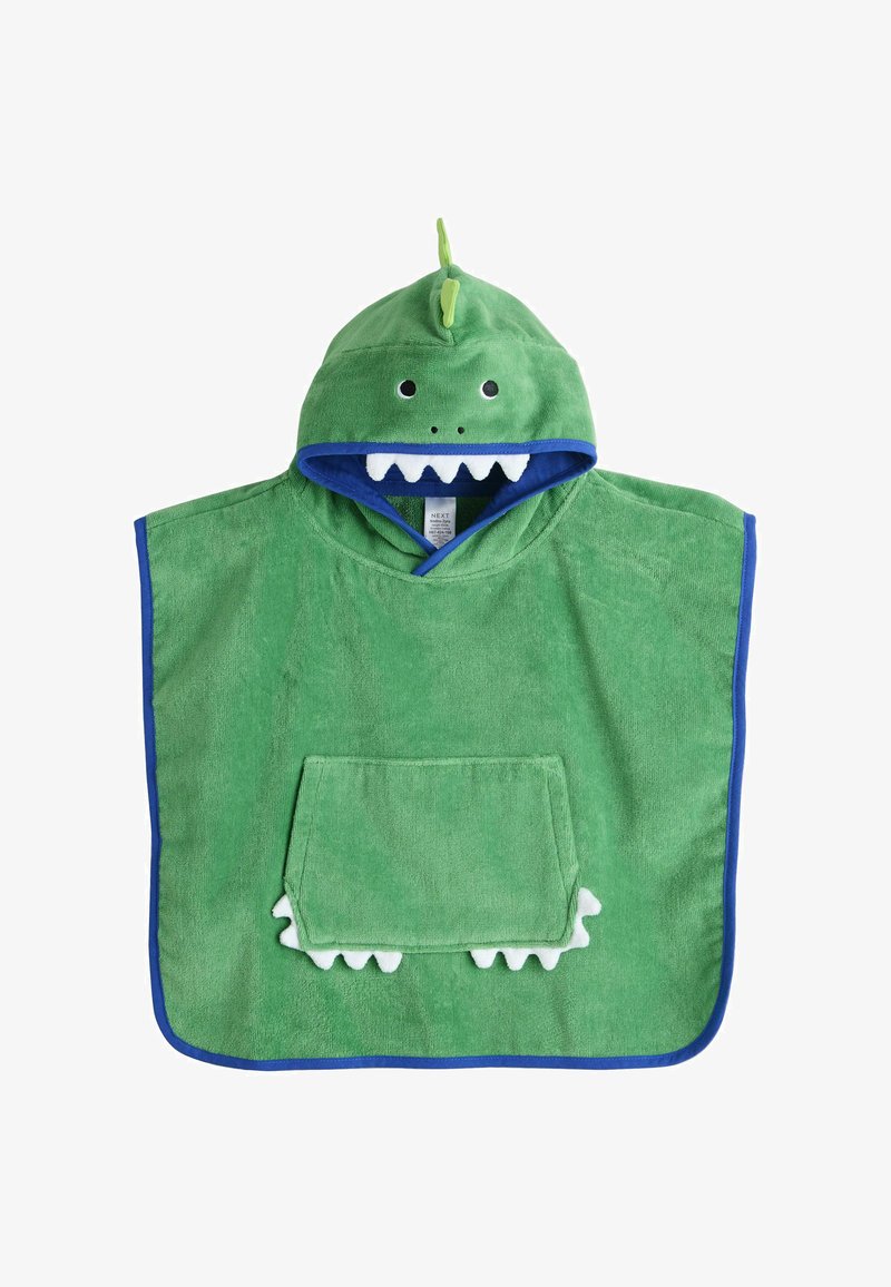 Poncho verde pentru copii cu glugă sub formă de față de dinozaur, cu țepi pe glugă, buzunar frontal și margini albastre.