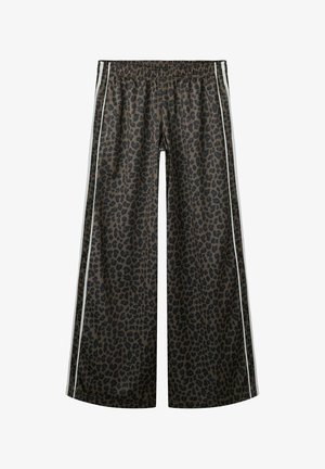 Pantaloni a gamba larga con stampa leopardata marrone scuro e nera e strisce laterali bianche, con vita elastica.