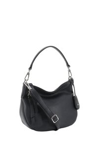 Sac à main en cuir noir avec une texture grésée, une forme incurvée, une courte poignée et une bandoulière amovible. Comprend des accessoires en métal argenté et une étiquette de logo.