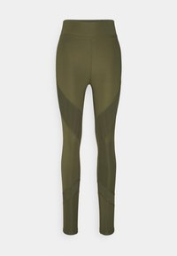 Olijfgroene leggings met een hoge tailleband, voorzien van contrasterende panelen en een gladde, rekbare stof. Geen zichtbare patronen of hardwaredetails.