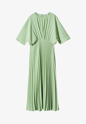 Lys grøn plisseret midikjole med brede korte ærmer, indsnævret talje og rund halsudskæring, vist på hvid baggrund.