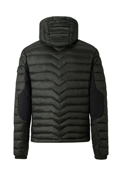 Dunkelgrüne gepolsterte Jacke mit einem Zickzack-Nähtmuster, schwarzen Seitenpaneelen und einer Kapuze. Verfügt über Reißverschlusstaschen und elastische Bündchen.