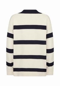 Gestreepte gebreide trui in crème en marineblauw, met een geribde kraag en manchetten. Vierkante pasvorm met brede horizontale strepen. Zachte textuur.