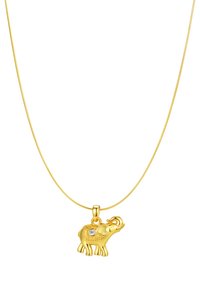 Collar con colgante de elefante dorado con un diseño texturizado y una pequeña piedra clara de acento, colgando de una delgada cadena dorada.