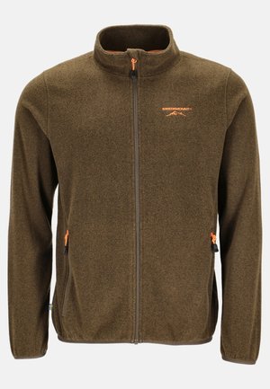 Brown fleece jacket with a high collar, front zipper, side pockets, and orange accents. Soft texture with a slightly textured exterior.