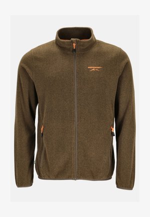 Bruine fleecejas met een hoge kraag, voorsluiting met rits, zijzakken en oranje accenten. Zachte textuur met een iets gestructureerde buitenkant.