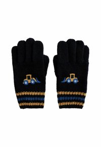 Čierne pletené rukavice s dizajnom žltého traktora. Majú modré a zlaté pásikové doplnky na zápästí. Textúrovaná tkanina. Dizajn s prstami.