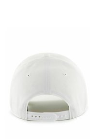 White baseball cap with a rounded crown, textured fabric, adjustable plastic strap, and ventilation holes for breathability.