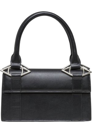 Bolso de mano de cuero negro con una forma estructurada y un único asa superior. Presenta detalles en hardware plateado y un diseño de cierre con solapa.