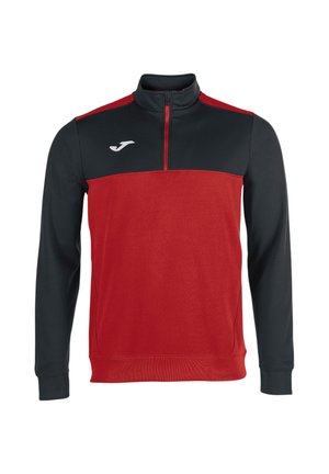 Felpa atletica con corpo rosso e maniche e spalle nere, caratterizzata da un colletto con cerniera frontale e logo bianco sulla parte superiore del petto.