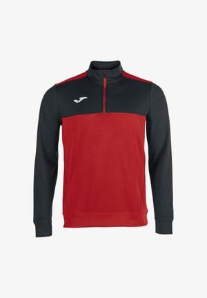 Athletischer Pullover mit rotem Körper und schwarzen Ärmeln und Schultern, mit einem Frontreißverschluss-Kragen und weißem Logo auf der oberen Brust.