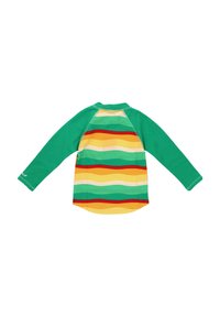 Långärmad skjorta med en grön övre del och ett livfullt randigt mönster i orange, gult och teal på baksidan. Mjuk tyg.